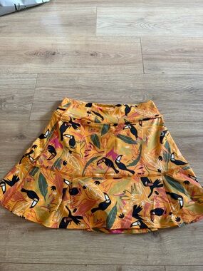 Dona Jo Tennis Skirt in Yellow Orange Tropical Toucan Print